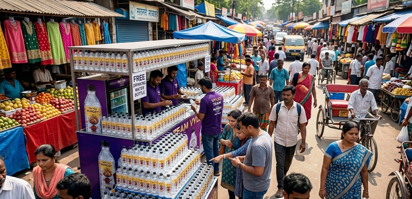 Vyliq distribution stand in a busy Indian market